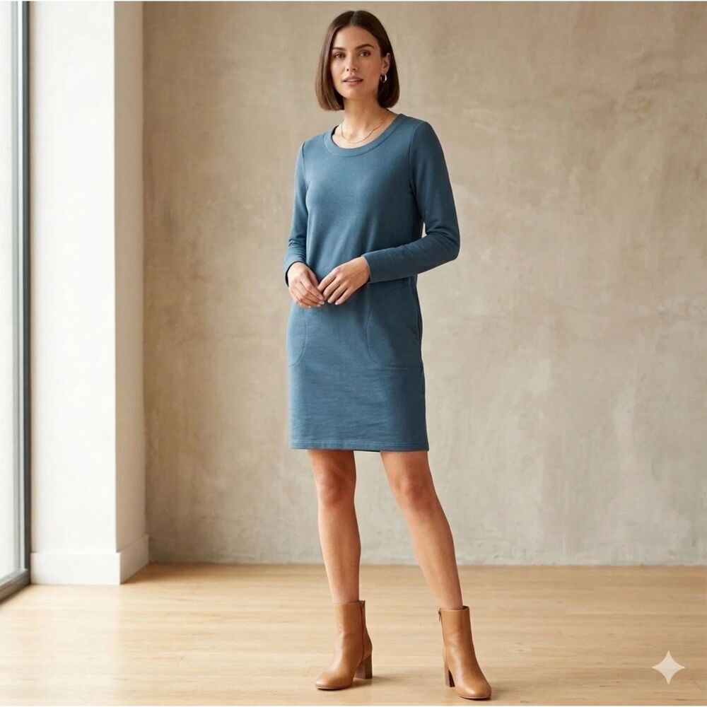 Pure Jill Sweatshirt Dress Womens S Rayon Pockets Blue Stretchy minimalist New